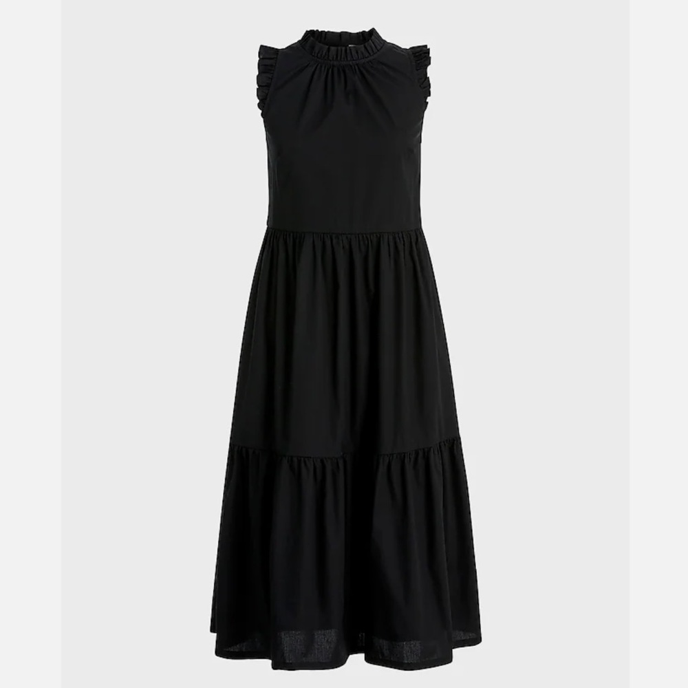 J. Crew  Black Tiered Ruffle Midi Dress Smocked